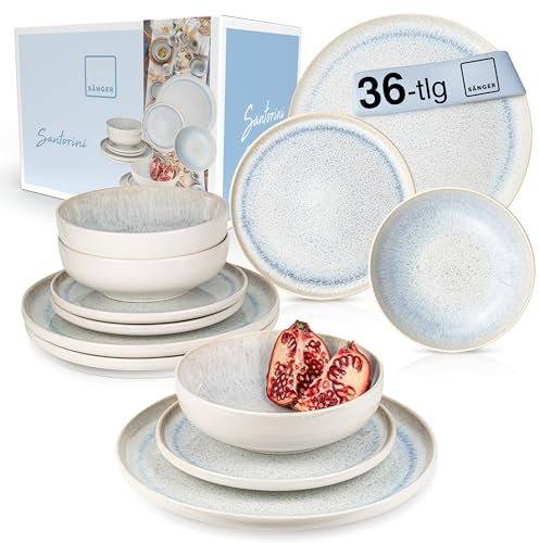 SÄNGER | Tafelservice Santorini 36 tlg, Teller Set 12 Personen, Steingut Geschirr Set, Essservice inkl. Speiseteller Dessertteller & Tiefe Teller, Geschirr Cremefarben mit Flieder Blauem Verlauf