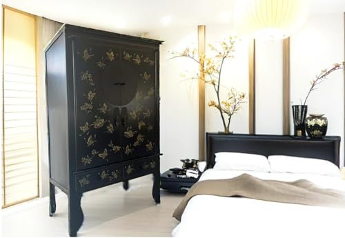 OPIUM OUTLET Commode asiatique armoire chinoise penderie orientale noire style colonial asiatique meuble de mariage meuble vintage entièrement assemblé