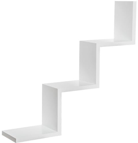 Homme Concept – White Step Shelf, Wall Mount Floating Shelves, Wall Shelves, W Zig Zag Display Storage Organiser Shelving Unit, Bookcase Bookshelf for Living Room Bedroom Bathroom Home Office