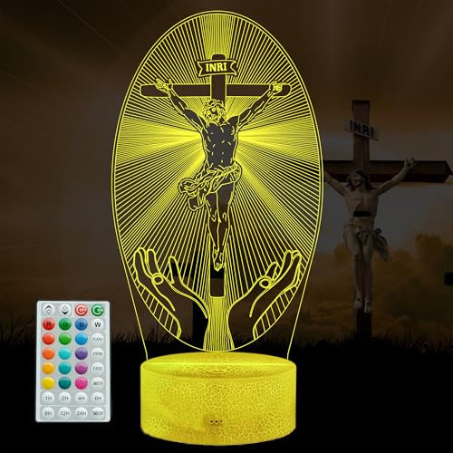 POSSHE Kreuz 3D Nachtlicht, Jesus Lampe, 16 Farben wechselnd, Fernbedienung mit Timer, Kids Room Decoration for Holiday Birthday Christmas