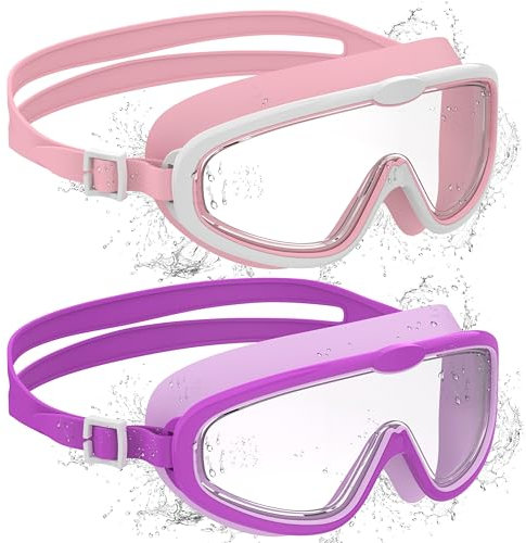 Ambienden 2 Pcs Gafas de Natación, Antivaho de Visión Clara, Protección UV, Junta de Silicona, Unisex Montura Grande Gafas Natacion Niño de 6 a 14 Años, Pink + Purple