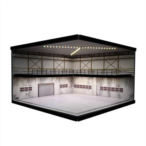 1:64 Diorama Garage Model, Tri-color LED Lighting Diecast Model Cars Scene Display Case, Dimmable Double Decker Parking Lot Model With Acrylic Dust Door, Car Storage, 1:64 Model Car Display Box (D)