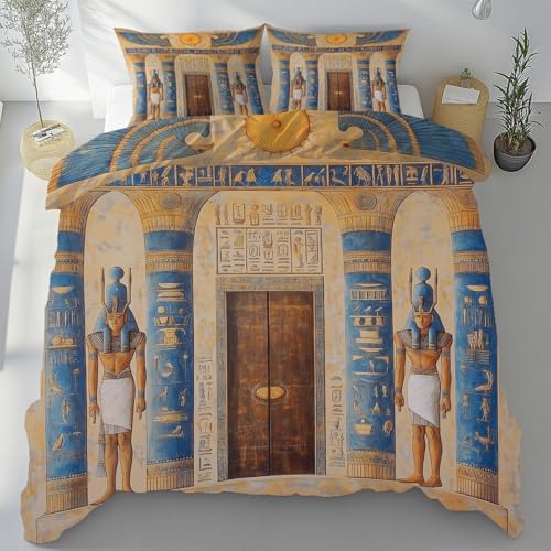 Sobhdga Altes Ägypten Bettwäsche 135x200 Mikrofaser, Ägyptische Pharao Bettwäsche-Sets 3teilig, Afrikanische Tribal bügelfreie Bettbezug, mit Reißverschluss Und 2 Kissenbezug 80x80 cm