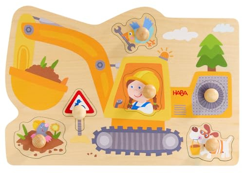 HABA Greifpuzzle Baustelle – Erstes Holzpuzzle mit großen Knöpfen – Bagger & Schaufel erkennen – Für Kinder ab 12 Monaten – 2012171001