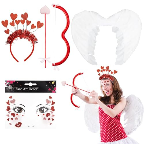 Damen Kostüm Amor pfeil und bogen,Engel Flügel,HerzHaarreif,Gesichtstattoo | Romantische Amor Kostüm Accessoires für Mädchen Damen Halloween Karneval Valentinstag Party Zubehör