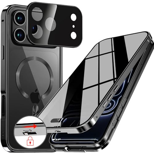 [CD-Metallring & Sicherheitsschloss] Magnetische 360 Grad Ganzkörper Sichtschutzhülle für iPhone 17 Pro 6.3' [Integrierter Linsenschutz] Schutzhülle mit Integriertem 9H-Glasbildschirm, –Schwarz