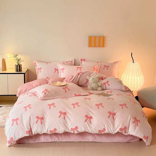 ZIQINPSQ Pinkes Bettwäsche-Set für Einzelbett, Schleifenmuster, weiches Plüsch-Bettwäsche-Set mit 1 Kissenbezug, gemütliches, flauschiges Gefühl für Teenager-Mädchen-Schlafzimmer