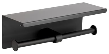 Ibergrif Portarotolo Carta Igienica Doppio con Mensola | Porta Carta Igienica da Parete in Acciaio Inox, Installazione Adesiva o con Foratura, Portarotolo WC per Bagno o Cucina, Nero