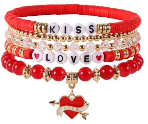 Mikovivi 5stk Valentinstags Armband Set, Stapelbare Rot und Gold Heishi Armbänder Schmuck Set mit Rotem Herzanhänger für Sie Valentinstagsgeschenk Geschenk für Verliebte