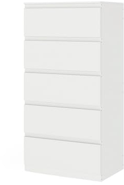 Songvas Kommode weiß mit 5 Schubladen, 60 cm Breite Schubladenschrank & Sideboard, Stauraum Kommodenschrank für Schlafzimmer, Wohnzimmer, Büro und Eingang, 60x40x121 cm (LxBxH)