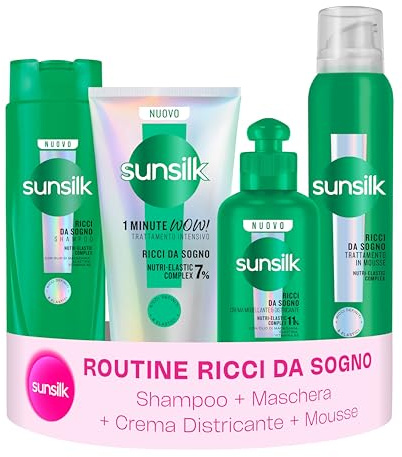 Sunsilk Kit Ricci da Sogno Shampoo 250ml, Maschera 1 Minute WOW 180ml, Crema Districante 200ml e Mousse 200ml, Trattamento Anticrespo per Capelli Ricci Definiti, Elastici e Morbidi a Lunga Tenuta
