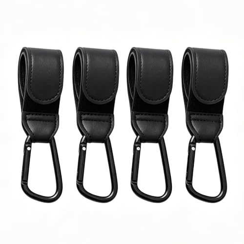 4 Stück Kinderwagen Haken aus Leder, Universal Karabinerhaken für Wickeltasche und Einkaufstasche, Praktischer Taschenhalter als Kinderwagen Zubehör, Robuste Taschenhaken für Buggy und unterwegs