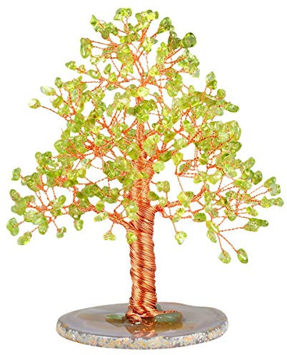 mookaitedecor Natural Peridot Tumbled Stone Money Tree, Gemstone Feng Shui Ornament Healing Crystal Tree of Life Gift Green Bedroom Living Room Accessories Good Luck Decoration, Agate Slice Stand