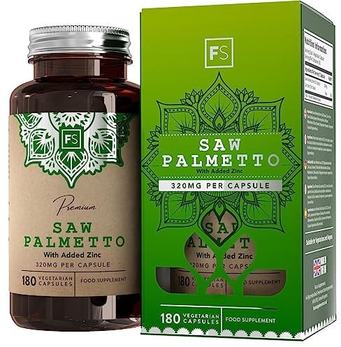 FS Saw Palmetto | Prostate Complément Alimentaire 180 Gélules - Haute Teneur 320mg Saw Palmetto Cheveux avec 15mg Zinc Palmier Nain Gélules (extrait 20:1) par Portion | Sans OGM