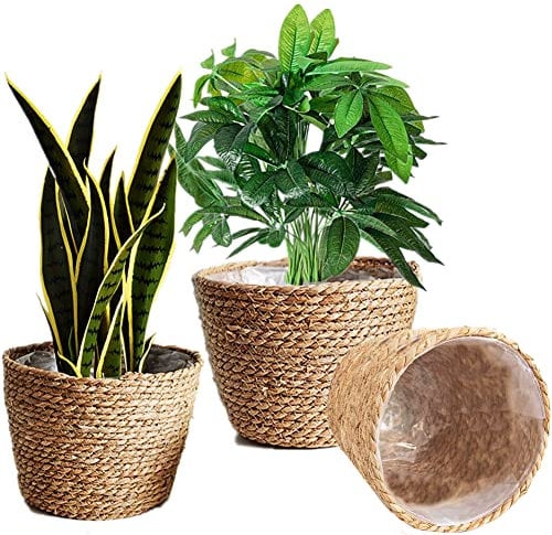 Sayiant Fioriera naturale intrecciata a mano con fodera per piante in rattan, piccole, medie, grandi, 3 pezzi