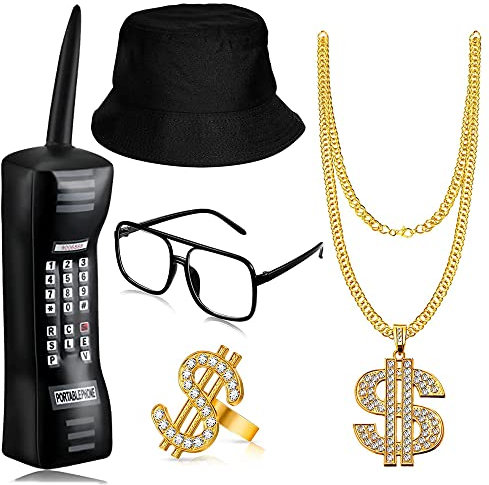 5 pcs Hip Hop Kostüm-Set,Dollar Kette,Sonnenbrille,Goldring Dollarzeichen Bucket Hat 80er 90er Rapper Zubehör für Partybedarf