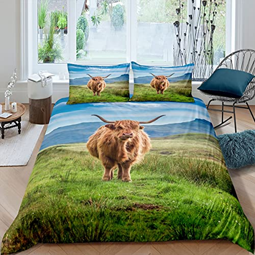 Hochlandkuh Trösterbezug Longhorn Bulle Cattle Bettbezug 135X200 Für Erwachsene Jungen Teens Mann Rustikale Tiere Bettwäsche Set Grünland Berg Tagesdecke Abdeckung Schlafzimmer Dekor
