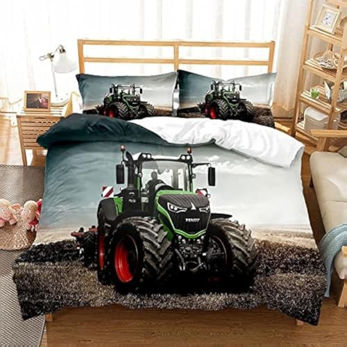 SK-YBB Traktor Bettbezug Set 3D Trecker Bettwäsche Und 2 Kissenbezug Mikrofaser Gemütlich Bettbezüge Mit Reißverschluss Für Kinder, Jungen, Mädchen Bettwäsche Set (135x200 cm +80x80cm)