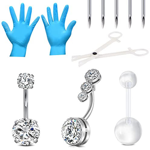 NIUSIMAN 11 Stück Bauchnabelpiercing Kit Piercing Set 12G Piercing Nadel Körperpiercing Werkzeugset mit weißem Zirkonia Diamant Bauchnabel Piercing Schmuck