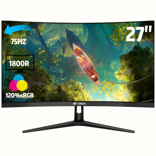 CRUA 27 Curved Monitor, Full HD (1920x1080P) VA Panel 1800R 75Hz 120% sRGB Professioneller Computermonitor, 3-seitig Rahmenlos, flimmerfrei, Blaulichtfilter, für Büro und Gaming (VGA, HDMI)