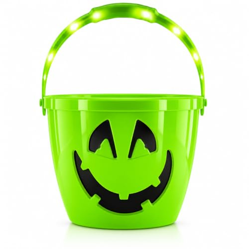 Light Up Halloween Bucket - Led Pumpkin Buckets with Handle, Large Capacity Candy Holder Kids, Halloween Trick or Treat Pumpkin Bucket for Party Decor,Halloween Party Bag Fillers (Green)