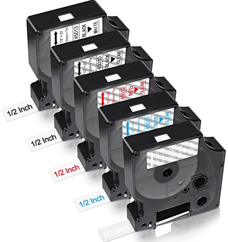 5P Kompatibel mit DYMO Label Maker Refills D1 Clear/White D1 Label Tape 1/2 Zoll x23 Ft (45010 45011 45012 45013 45020), Clear D1 Label for Dymo Labelmanager 160 210D 280 360D 420P 500TS Wireless PnP