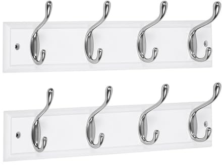 DOKEHOM 2-Pack Wall Mounted Coat Rack with 4-Satin Nickel Hooks, White | Heavy-duty wall hanger featuring smooth white MDF board. Space-saving entryway organizer for hanging clothes and towels