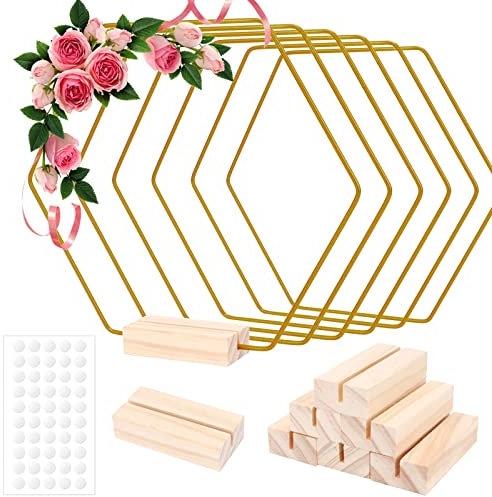 6 St¨¹ck Metallringe zum Basteln, 20cm Sechseckig Deko Metallring mit 6 Holzst?nder, Gold Drahtringe zum Basteln, Metall Deko Ringe f¨¹r DIY Handwerk Hochzeit Party Tischschmuck