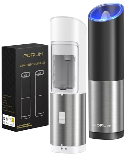 FORLIM Molinillo de Pimienta Automático con Grosor Ajustable,Funciona con una sola mano,para cocina,restaurante y barbacoa,Set de 2 (Negro + Blanco)