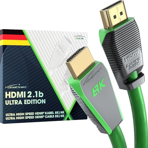 KabelDirekt – Cable HDMI 2.1 8K, edición Gamer certificada – 2m (8K@60Hz, Ultra High Speed/48G para 10K, 8K o ultra rápido 144Hz a 4K, óptimo para PS5/XBO y PC Gaming, Monitor/TV, verde)