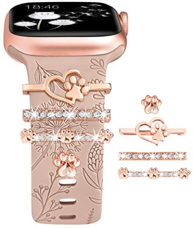(Strap Included) Charms Ring Loops Compatible with Apple Watch Straps 41mm 40mm 38mm 42mm Jewelry Accessories Silicone Engraved Dandelion Strap for iWatch Series 10/9/8/7/6/5/4/3/2/SE, Milk Tea/Love