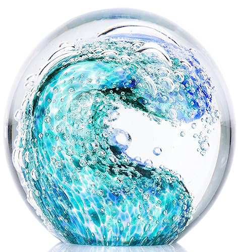 XMGZQ Handgeblasene Glasfiguren, Kugel, Ozeanwellen, Glasdekoration, Büro-Briefbeschwerer, Glas für Schreibtisch, Heimdekoration, Sammlerstück, Aquarium-Dekoration, Bürodekoration, Ozeanliebhaber,