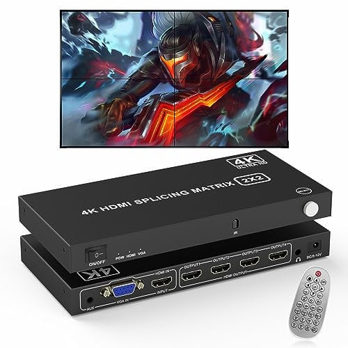 2x2 HDMI Video Wall Controller,4K@30HZ TV Wall Controller HDMI & VGA Eingänge HDMI Ausgänge, 180 Grad Drehung 8 Display Modi 1x1 1x2 1x3 1x4 2x2 2x1 3x1 4x1, mit Fernbedienung für 4 TV Splicing