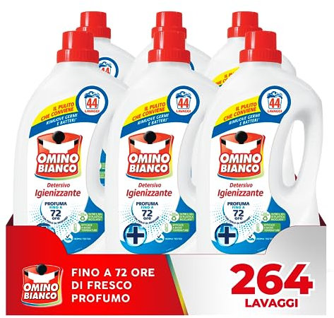 Omino Bianco - Detersivo Lavatrice Igienizzante Liquido, 264 Lavaggi, Igienizza i Capi e Rimuove Germi e Batteri, 1760 ml x 6 Confezioni