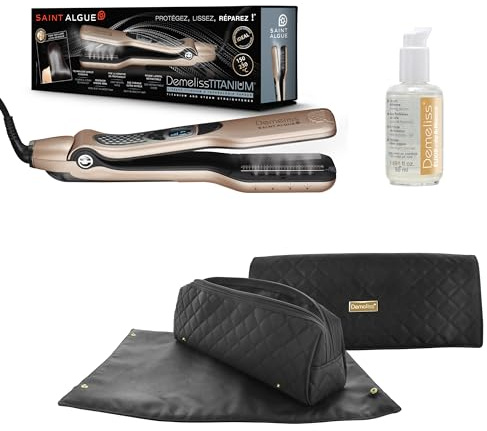 Demeliss - Saint Algue - TITANIUM, Lisseur Vapeur + Tapis trousse thermorésistante + Sérum de Brillance 50ml aux Protéines de Soie après Coiffage, Résultat Brillant et Soyeux