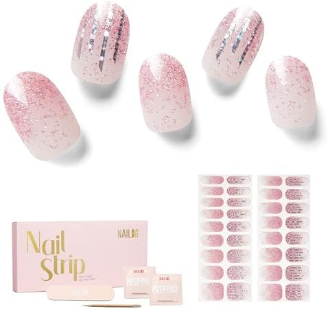 NAILOG Semi Cured Gel Nail Strips, 34 pcs Salon-Quality Gel Nail Stickers, Long Lasting Nail Wraps for Women with Soft Gel Finish, Vintage Print & Silver Glitter (Pink Lane)