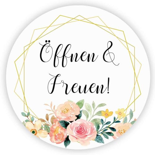 MameArt 100stk 4cm Aufkleber Öffnen & Freuen, Sticker für Hochzeit Gastgeschenk Taufe Kommunion Geburtstag Partei Feste Geschenke Präsente (Öffnen 12)