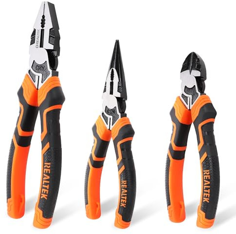 REALTEK 3-Piece Pliers Set, Premium CR-V Constructions, Pliers Tool Set Includes 8 Combination Pliers, 6 Diagonal Pliers, 6 Long Nose