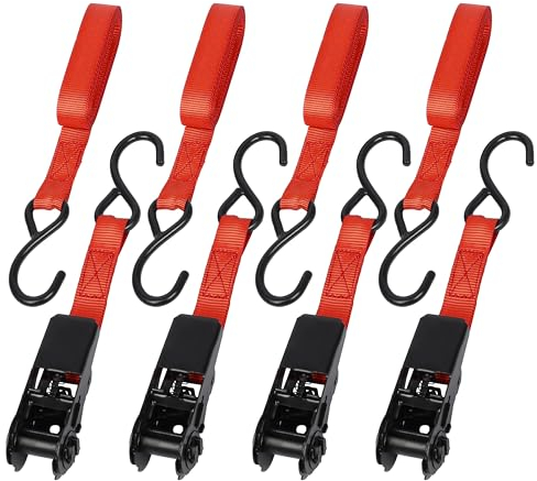 Belle Vous Ratchet Straps with S-Hooks & Rubber Handles (4 Pack) - L4.5m/14.7ft x W25mm - 450kg/992lbs Break Strength - Heavy-Duty Tie Down Straps for Securing Cargo, Moving Appliances & Motorcycles