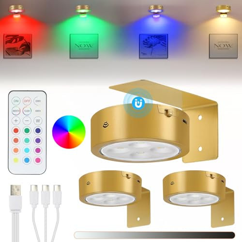 Lightsjoy 3 Pack Picture Lights for Wall - Battery Operated Gold, Rechargeable, Dimmable, Timer, Cordless Art Light With Remote Control - RGB LED Puck Light for Painting Frame