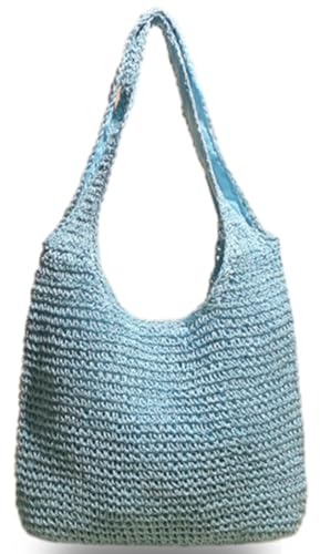 Mujeres Bolso Grande de paja Ratán playa Bolso de mano de paja Verano 2024 Tejido a Mano grande y suave tejido a mano para viajes, vacaciones y compras (Colorear : Blue)