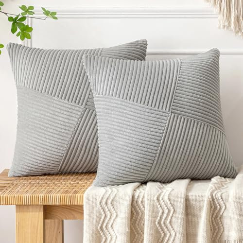 MIULEE Kissenbezug 50x50 Grau Kordsamt 2er Set Kissenbezüge Zierkissenbezug Kissenhülle Sofakissen Dekokissen Streifen Muster Patchwork Design für Wohnzimmer