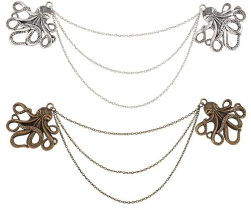GOMAKERER 2 Stück 2 Farben Kraken-Halsbandnadelketten, Quaste Brosche Anstecknadel Legierung Kragen Kette Clips Kragen Dekorationen Brosche Anstecknadel Für Frauen Männer Anzug Zubehör