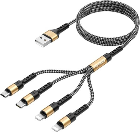 RAVIAD Multi Charger Cable, 4 in 1 Charger Cable 3A USB Fast Charging Cord Nylon Braided with Micro USB Type C Lightning Cable Connector for iPhone, Android Samsung Galaxy, Huawei, LG-Gold [1.2M]
