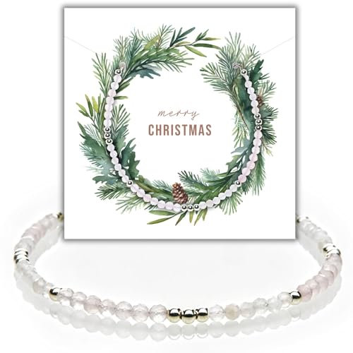 happymaker - Edelstein Armband, Mondstein und Rosenquarz und Silber 925 Perlen, Silberarmband mit Weihnachtskarte und Geschenkverpackung, handgefertigt in Deutschland