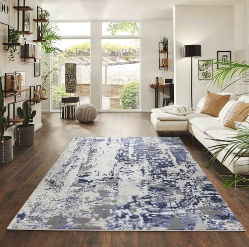 Emperor Metallic Abstract Modern Living Room Area Rug, Navy, 160x230cm