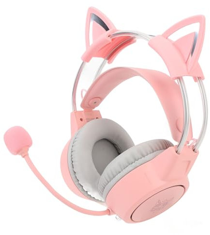 Asixxsix Gaming-Headset mit Katzenohren, Verstellbarer Kopfbügel, Kabelgebundener Gaming-Kopfhörer mit Mikrofon, Surround-Sound, RGB-Beleuchtung, Gaming-Headset mit 3,5-mm-Buchse (Roseate)