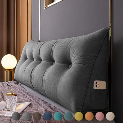 Bettkissen Rückenlehne 80cm Dunkelgrau, Rückenkissen Bett Keil Kopfteil Kissen, Waschbar Abnehmbar Rückenstützkissen Lendenkissen mit Seitentasche, Bequemes Wandkissen Lesekissen für Bett und Sofa