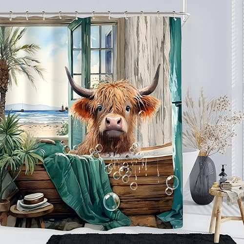Famiffty Highland Cow Sommer-Duschvorhang, 152 x 183 cm, lustig, niedliches Rind, Ozeanblick, Landschaft, Badewanne, Kalb, tropische Hawaii-Szene, Palmenblätter, Badezimmerzubehör, Dekoration, Meer