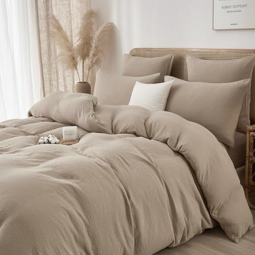 Luofanfei Baumwolle Muslin Bettwäsche Taupe 200x220 Khaki Renforce Uni Sommer Kühlende Bettwäsche Set Weiche Boho Bettbezug Knitterlook Bügelfrei mit Reißverschluss und Kissenbezüge 80x80cm